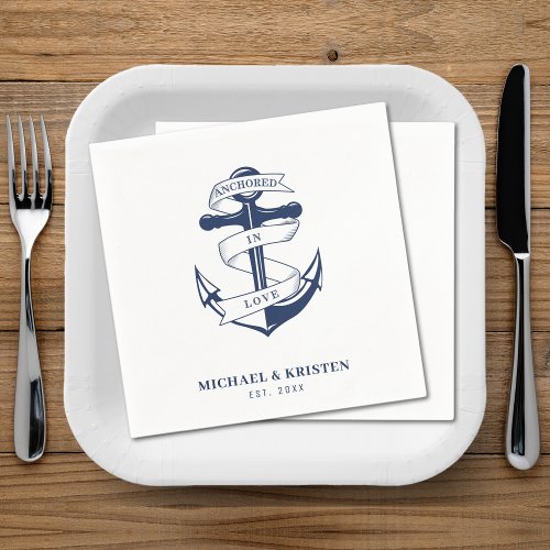 Anchored in Love White Nautical Anchor Wedding  Napkins