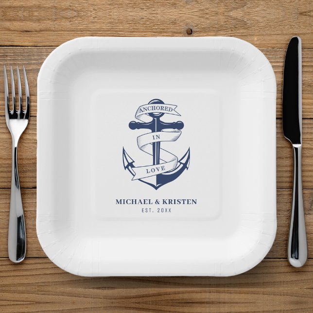 Anchored in Love White Nautical Anchor Wedding  Paper Plates (Anchored in Love Nautical Blue Anchor Wedding Paper Plates
)