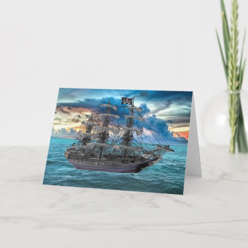 ANCHORED PIRATE SHIP AT SUNSET CARD