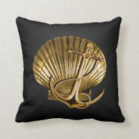 Anchored Seashell Nautical | black & gold Throw Pillow