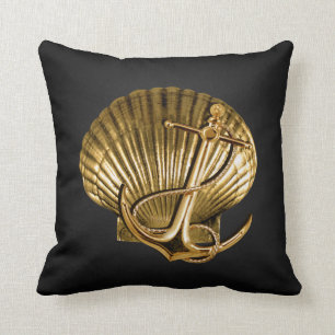 Anchored Seashell Nautical black & gold Throw Pillow
