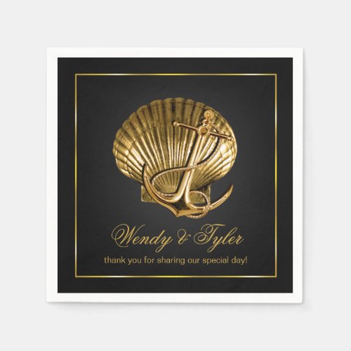 Anchored Seashell Nautical Cocktail  black  gold Paper Napkins