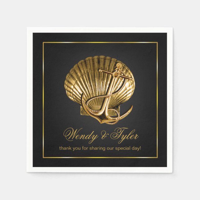 Anchored Seashell Nautical Cocktail | black & gold Paper Napkins (Front)