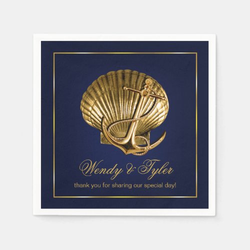 Anchored Seashell Nautical Cocktail Party  navy Paper Napkins
