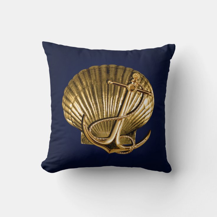Anchored Seashell Nautical navy & gold Throw Pillow Zazzle