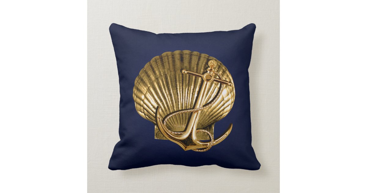 Anchored Seashell Nautical navy & gold Throw Pillow Zazzle.com