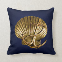Anchored Seashell Nautical | navy & gold Throw Pillow