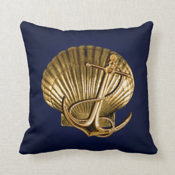 Anchored Seashell Nautical | Navy & Gold Throw Pillow by glamprettyweddings at Zazzle