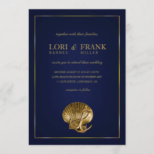 Anchored Seashell Nautical Wedding navy and gold Invitation