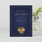 Anchored Seashell Nautical Wedding | navy and gold Invitation (Standing Front)