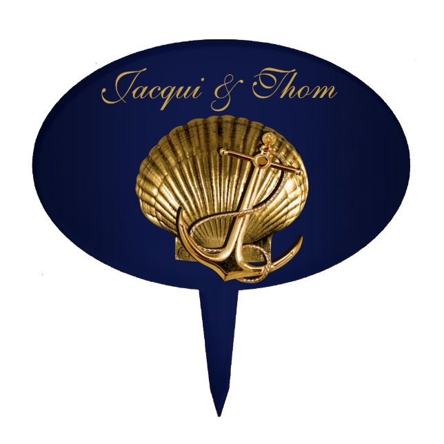 Anchored Seashell Nautical Wedding | navy & gold Cake Topper (Front)