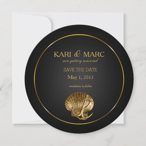 Anchored Seashell Save the Date  black  gold Invitation