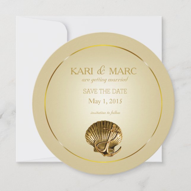 Anchored Seashell Save the Date | ecru & gold Invitation (Front)