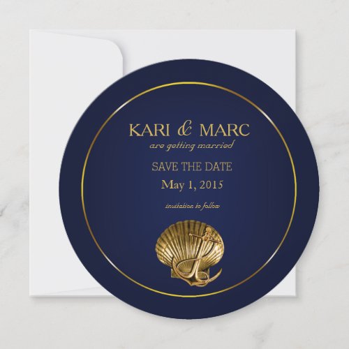 Anchored Seashell Save the Date  navy  gold Invitation