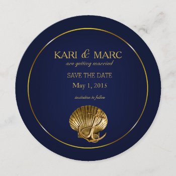 Anchored Seashell Save The Date | Navy & Gold Invitation by glamprettyweddings at Zazzle