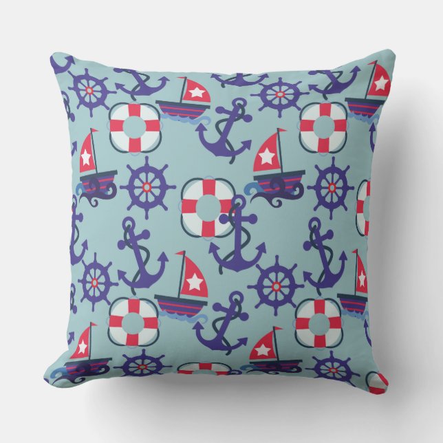 Anchors and Sailboats | Blue and Red Nautical Outdoor Pillow (Front)