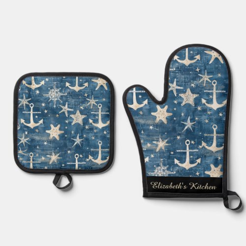 Anchors and Starfish Oven Mitt and Pot Holder Oven Mitt  Pot Holder Set