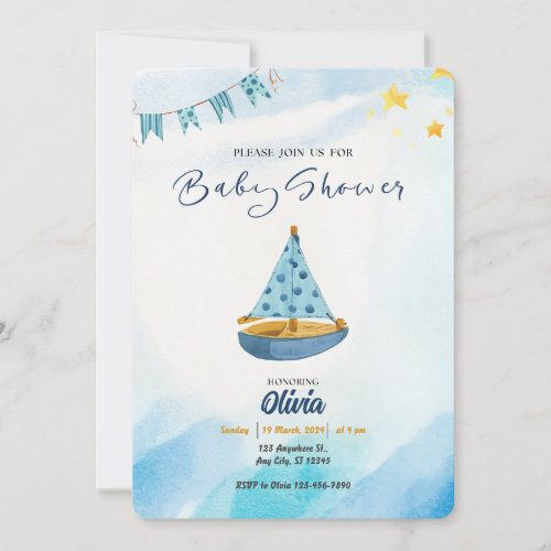 Anchors Away Blue Watercolor Boat Baby Shower Invitation