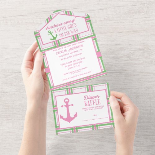 Anchors Away Girl Nautical Baby Shower All In One Invitation