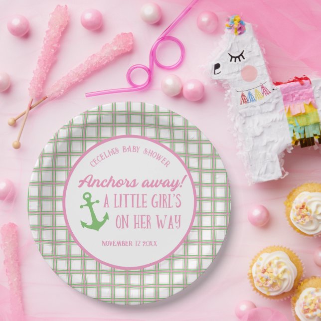Anchors Away Girl Nautical Baby Shower Paper Plates (Party)