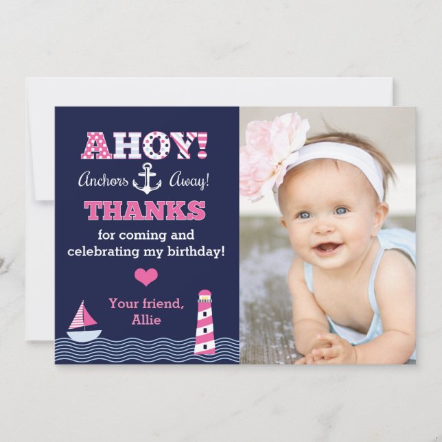 Anchors Away Girl's Nautical Photo Thank You Note Card (Front)