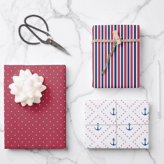 Anchors Away Nautical 3 Piece Set Red White Blue Wrapping Paper Sheets (Front)