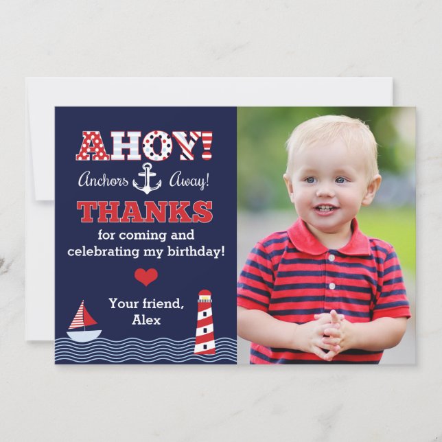 Anchors Away Nautical Photo Thank You Note Card (Front)