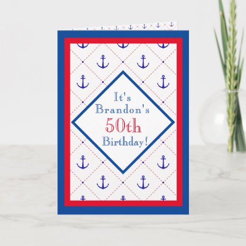 Anchors Away Red White Blue 50th Birthday Invitation