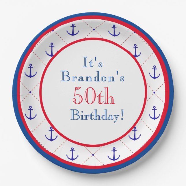 Anchors Away Red White Blue 50th Birthday Paper Plates (Front)