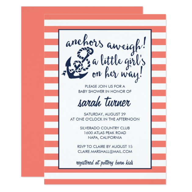 Anchors Aweigh! Coral Nautical Girl Baby Shower Invitation
