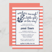 Anchors Aweigh! Coral Nautical Girl Baby Shower Invitation (Front/Back)