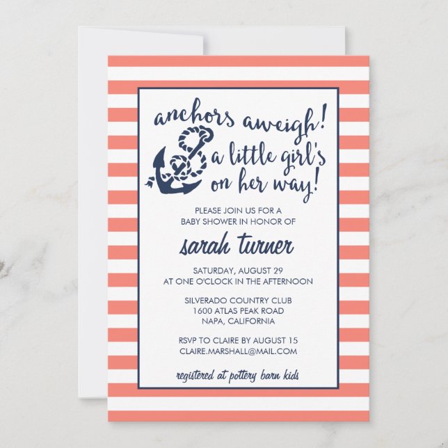 Anchors Aweigh! Coral Nautical Girl Baby Shower Invitation (Front)