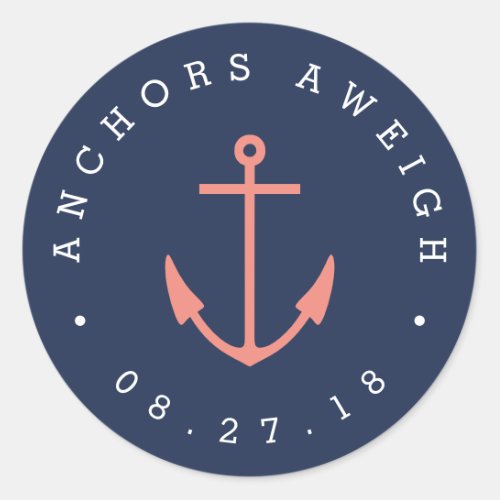 Anchors Aweigh  Coral  Navy Nautical Baby Shower Classic Round Sticker