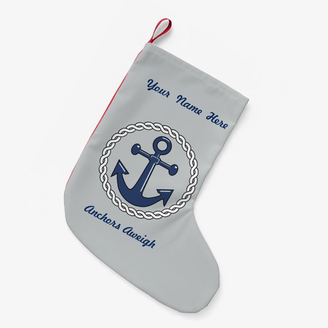 Anchors Aweigh Gray Personalized Small Christmas Stocking (Front (Hanging))
