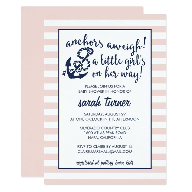 Anchors Aweigh! Nautical Pink Girl Baby Shower Invitation