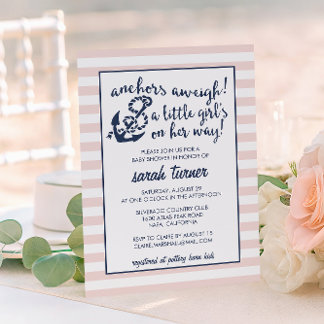 Anchors Aweigh! Nautical Pink Girl Baby Shower Invitation