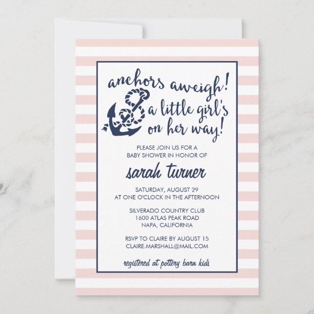 Anchors Aweigh! Nautical Pink Girl Baby Shower Invitation (Front)