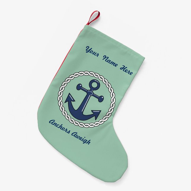 Anchors Aweigh on Green Personalized Small Christmas Stocking (Front (Hanging))