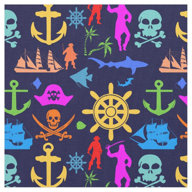 Anchors, Helms, Pirates. Colorful Nautical Pattern Fabric (Close Up)