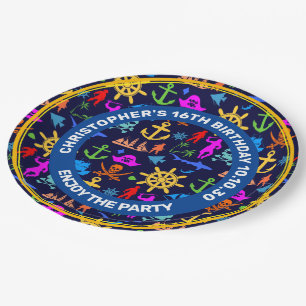 Anchors, Helms, Pirates. Colorful Nautical Pattern Paper Plates