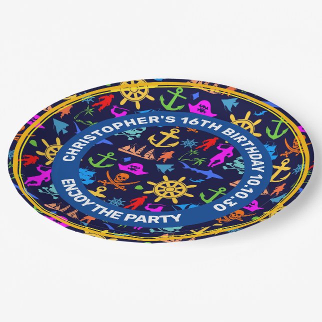 Anchors, Helms, Pirates. Colorful Nautical Pattern Paper Plates (Angled)