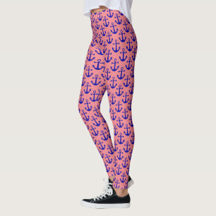 Anchors Nautical Beach Pattern Blue Salmon Pink Leggings