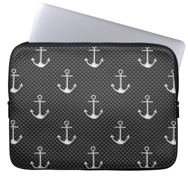 Anchors on Black Carbon Fiber Pattern Laptop Sleeve (Front)