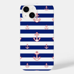 Anchors on Blue Stripes Nautical Style Case-Mate iPhone 14 Case