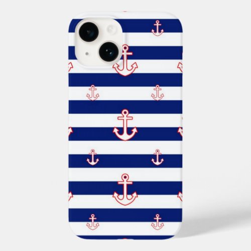 Anchors on Blue Stripes Nautical Style Case_Mate iPhone 14 Case