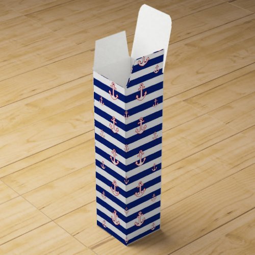 Anchors on Nautical Stripes Pattern Wine Box