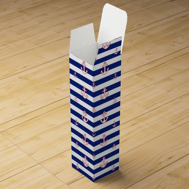 Anchors on Nautical Stripes Pattern Wine Box (Opened)
