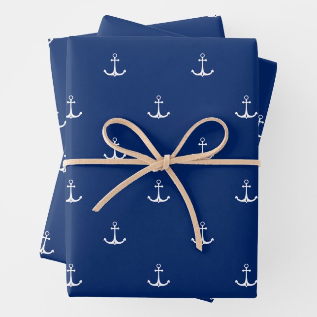 Anchors on Navy Blue Background Nautical Theme  Wrapping Paper Sheets (In situ)