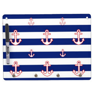 Anchors on Stripes Nautical Decor Dry Erase Board With Keychain Holder