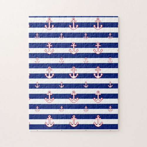 Anchors on Stripes Nautical Decor Jigsaw Puzzle